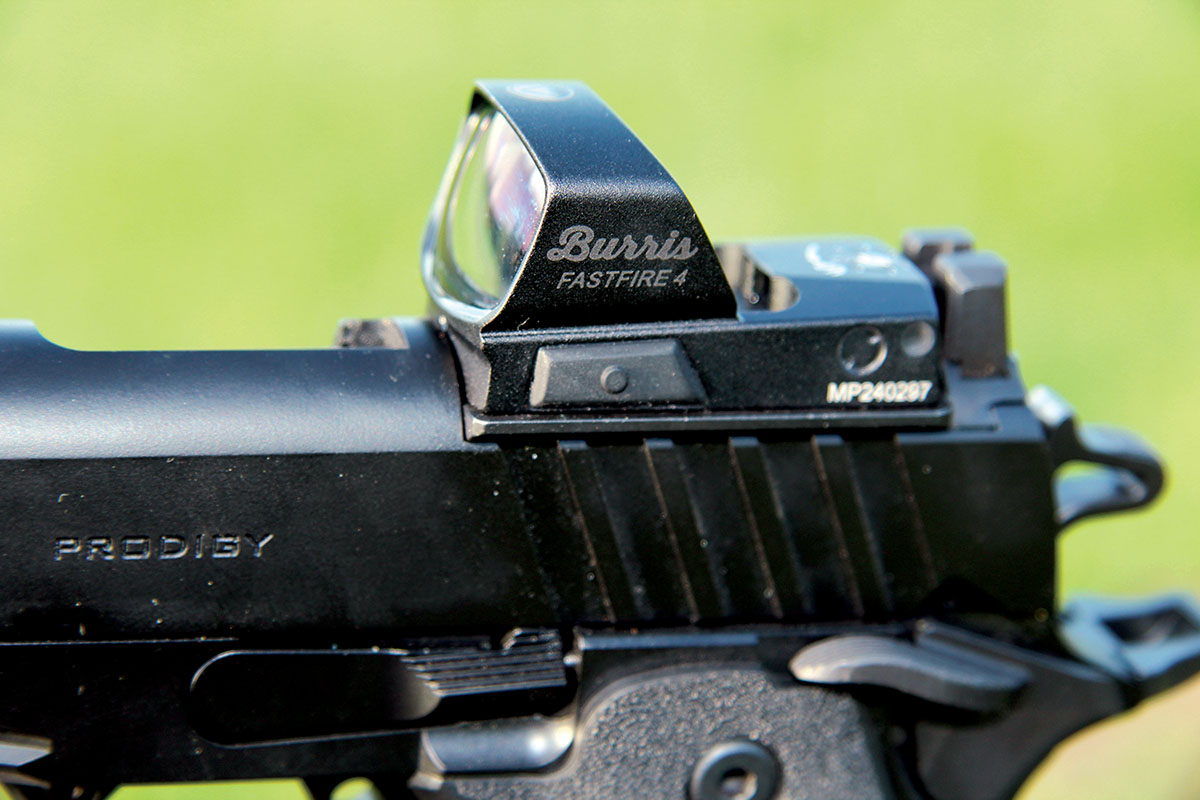 The left-side toggle button serves as the on/off switch for the sight, as well as controlling reticle  brightness. The button offered positive  adjustments without proving fussy or sticky.